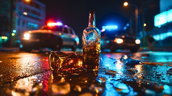 Two shattered glass alcohol bottles, one standing and one lying down, rest on wet pavement, illuminated by the bright orange reflection of a police cruiser's flashing lights in the dark background.
