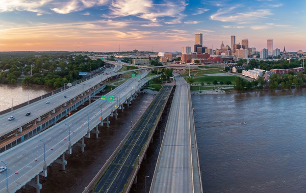 Historic Route 66 and downtown Tulsa city skyline, Oklahoma, United States.