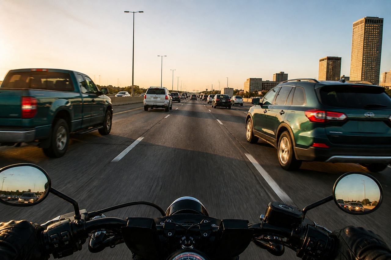 A first-person perspective of a motorcyclist traveling on a busy Oklahoma highway during sunset, surrounded by heavy traffic and high-rise buildings, illustrating the urban environmental risks and traffic conditions that contribute to motorcycle accident statistics.