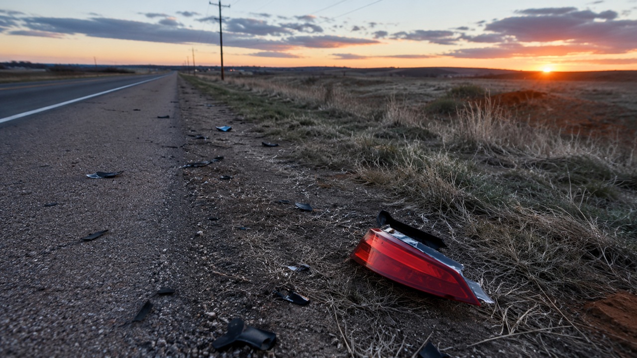 A broken red taillight and black plastic car debris lie scattered along the dirt shoulder of a rural Oklahoma highway at sunset, representing the aftermath of a hit-and-run accident involving a phantom driver and the legal recovery options available under uninsured motorist insurance claims.