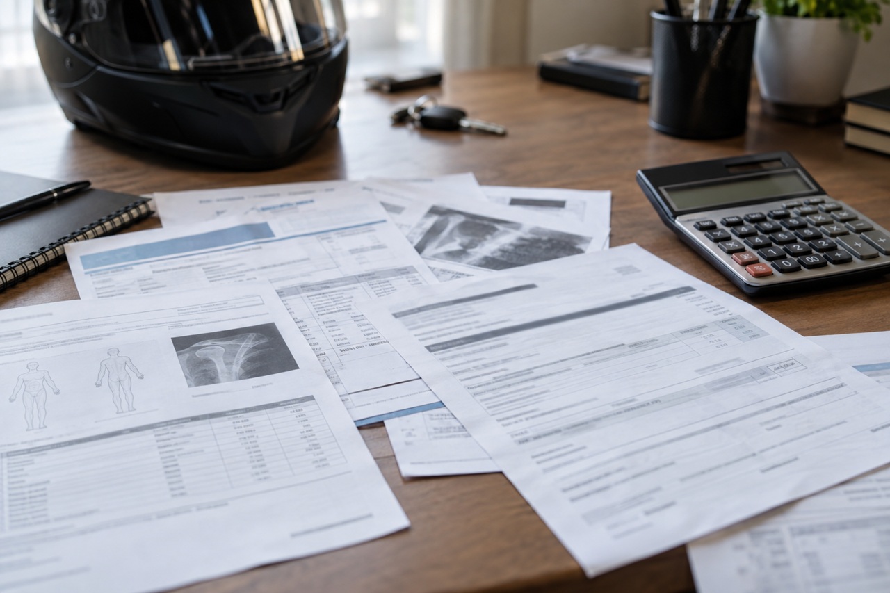 A motorcycle helmet, medical bills, x-rays, and a calculator spread across a desk, illustrating the paperwork involved in determining who pays medical bills after an Oklahoma motorcycle accident.