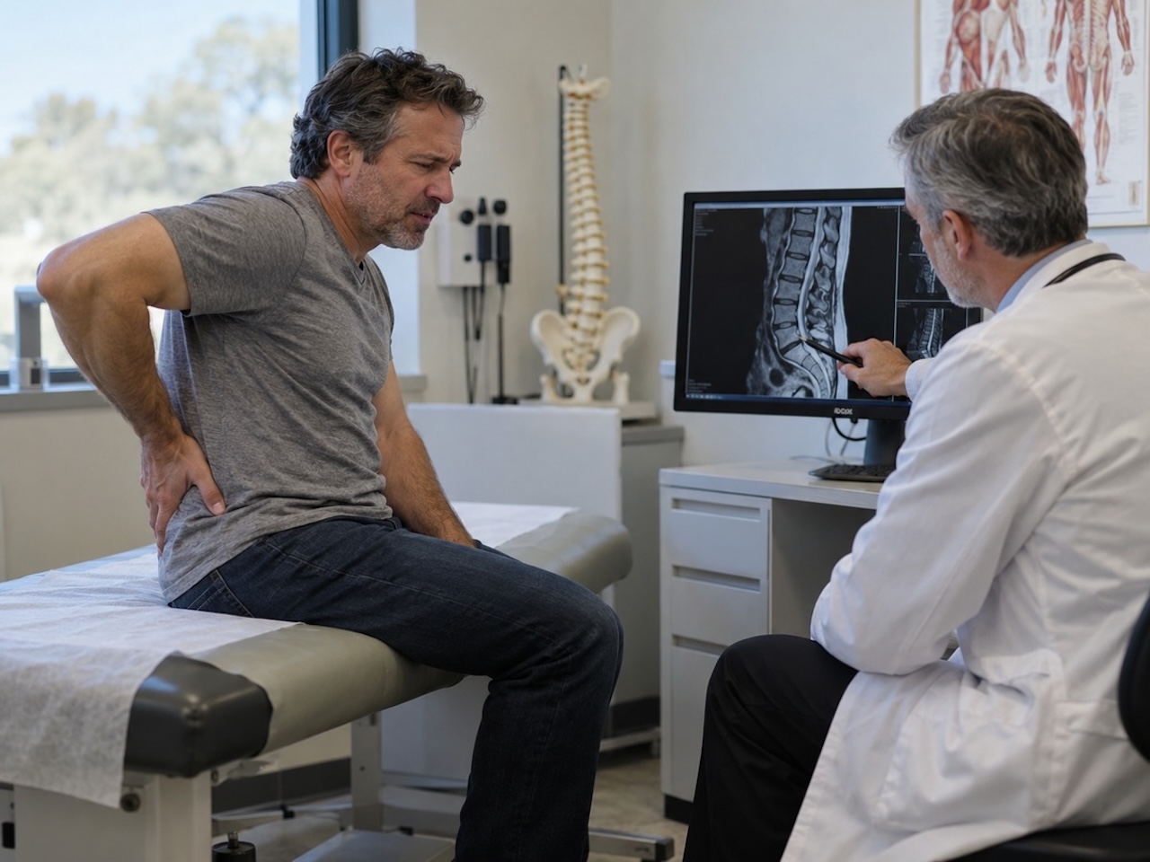 Middle-aged man holding his lower back during a medical exam while a doctor reviews a spine MRI on a computer screen.